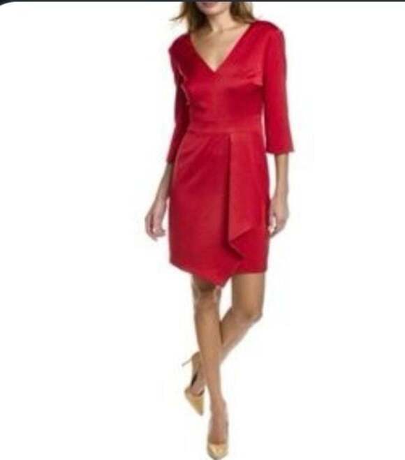 Trina Turk Dresses & Skirts - Trina Turk Red 3/4 Sleeve V-Neck Ruffle Faux-Wrap Sheath Dress, Sz 4